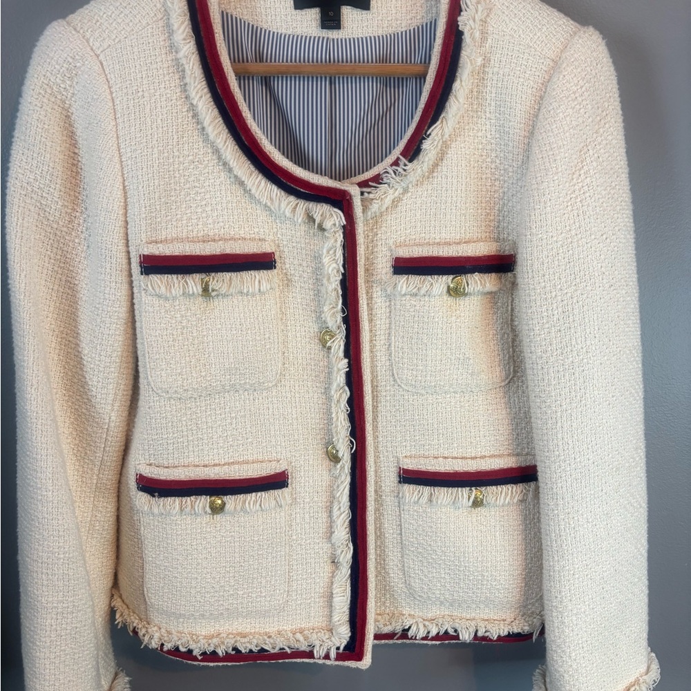 J. Crew Lady Jacket in Maritime Tweed - Ivory Navy Red - Size 10